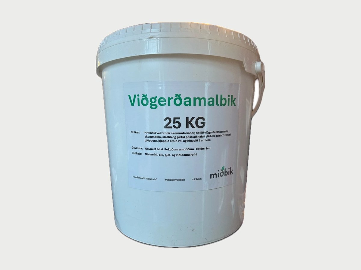 Hvít 25 kg fata af viðgerðarmalbiki frá Miðbiki